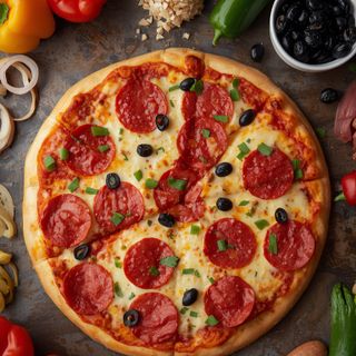 Supreme-Pizza mit dicker Kruste: Pfefferoni (aus Schweinefleisch, Hähnchen und Rindfleisch), Wurst (aus Schweinefleisch und Hähnchen), Paprika, schwarze Oliven und Zwiebeln