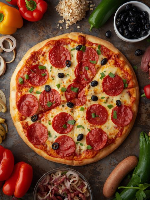 Supreme-Pizza mit dicker Kruste: Pfefferoni (aus Schweinefleisch, Hähnchen und Rindfleisch), Wurst (aus Schweinefleisch und Hähnchen), Paprika, schwarze Oliven und Zwiebeln