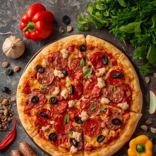 Supreme Rising Crust Pizza with Pepperoni (Made with Pork, Chicken & Beef), Sausage (Made with Pork & Chicken), Peppers, Black Olives & Onions