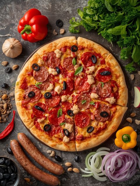 Supreme Rising Crust Pizza with Pepperoni (Made with Pork, Chicken & Beef), Sausage (Made with Pork & Chicken), Peppers, Black Olives & Onions