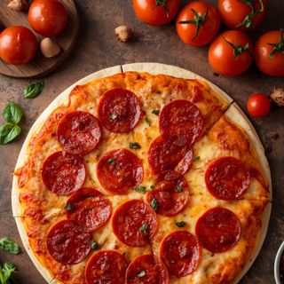 Pepperoni-Pizza (mit Schweinefleisch, Hähnchen und Rind) mit dünnem Teig