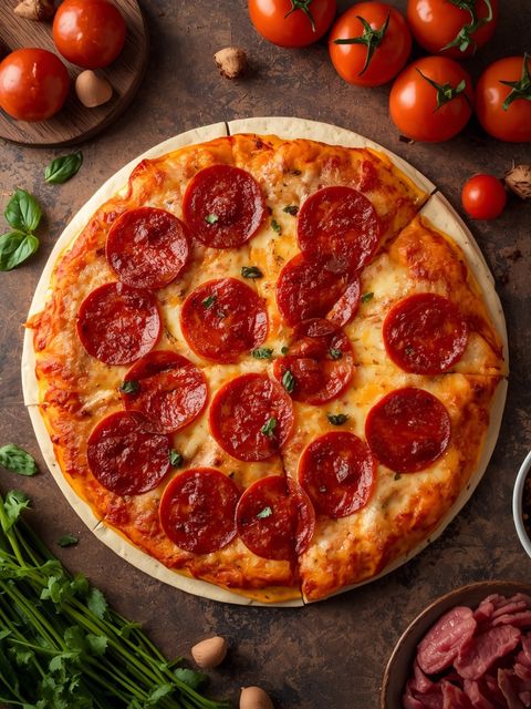 Pepperoni-Pizza (mit Schweinefleisch, Hähnchen und Rind) mit dünnem Teig