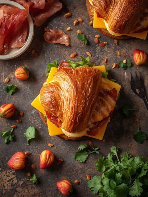 Croissant-Frühstückssandwich mit Speck, Ei und Käse