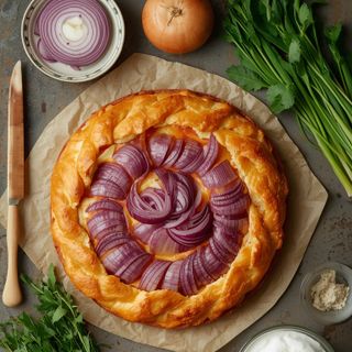 Zwiebelkuchen, gebacken (mit Blätterteig)
