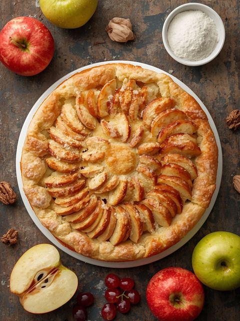 Apfelkuchen, hausgemacht, gebacken (mit Blätterteig)