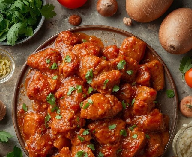 Schweineragout mit Soße, zubereitet