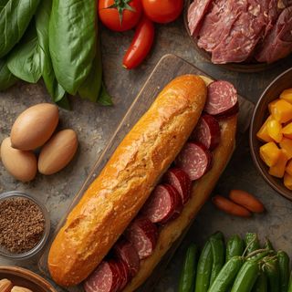 Sandwich auf Baguette mit Trockenfleisch