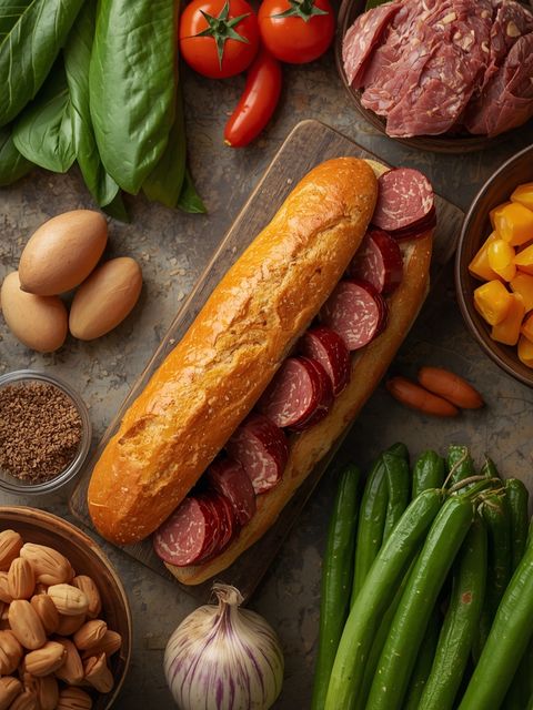 Sandwich auf Baguette mit Trockenfleisch