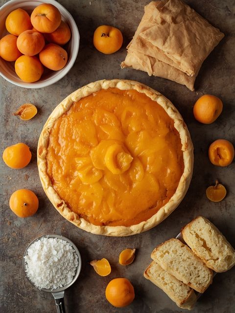 Aprikosenkuchen, hausgemacht, gebacken (mit Blätterteig)
