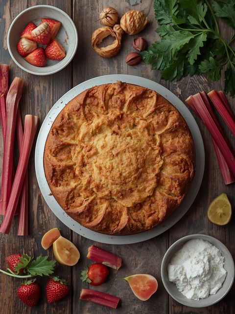 Rhabarberkuchen, hausgemacht, gebacken (mit kuchenteig)