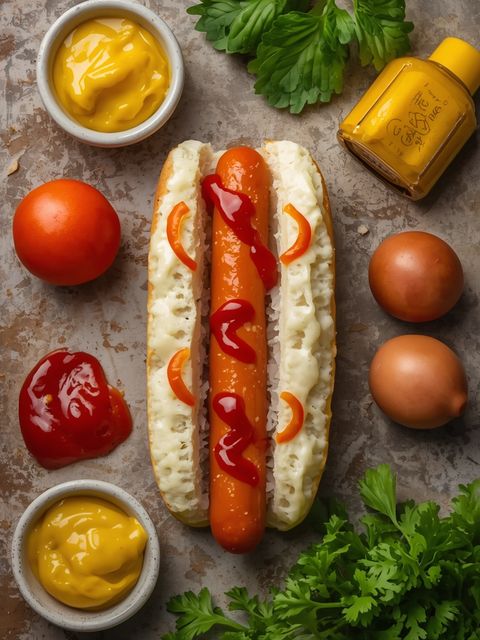 Hot Dog in White Bread with Ketchup and Mustard