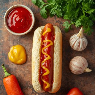 Hot Dog in White Bread with Ketchup and Mustard