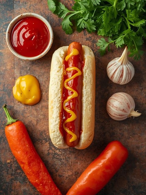 Hot dog im Weißbrot mit Ketchup und Senf