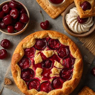 Kirschkuchen, hausgemacht, gebacken (mit Blätterteig)
