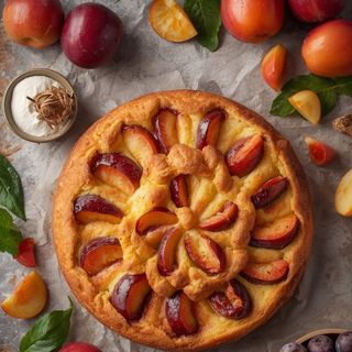 Plum cake, homemade, baked (with puff pastry)