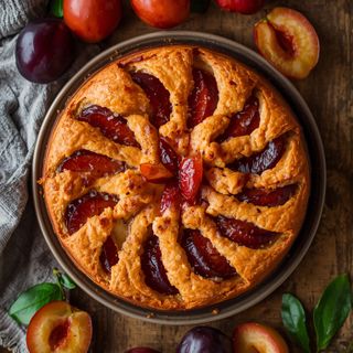 Pflaumenkuchen, hausgemacht, gebacken (mit Blätterteig)