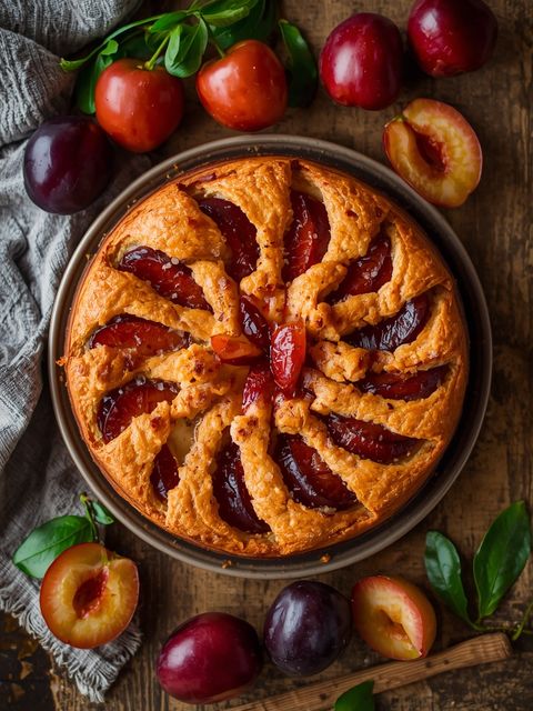 Plum cake, homemade, baked (with puff pastry)