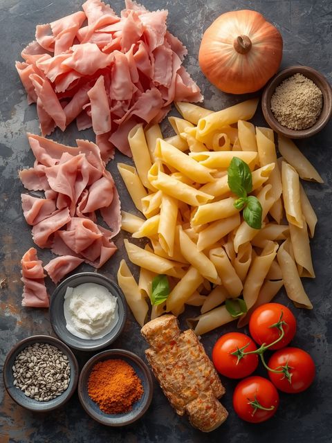 Pasta with ham, prepared