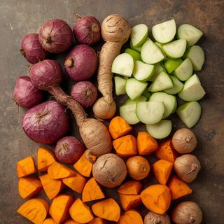 Root and tuber vegetables (cut), steamed (no added salt)
