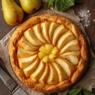 Pear cake, homemade, baked (with puff pastry)