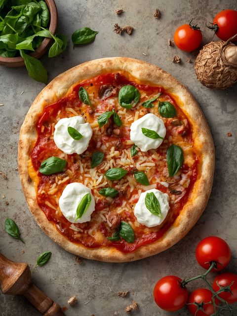 Pizza mit Mascarpone und Rucola, gebacken
