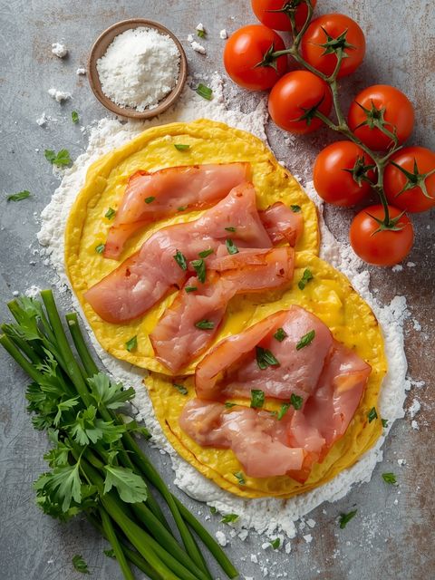 Flour omelets with ham, ready