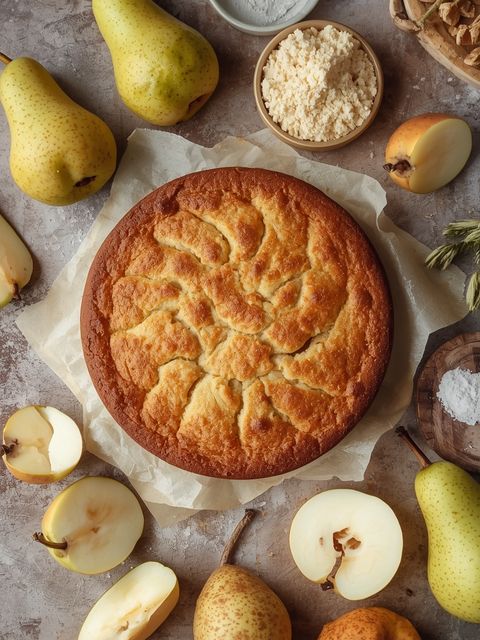Pear cake, homemade, baked (with dough)