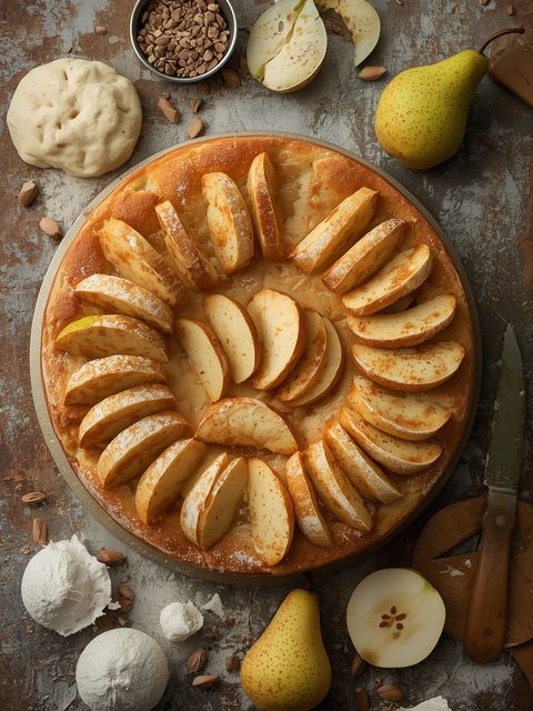 Birnenkuchen, hausgemacht, gebacken (mit Teig)