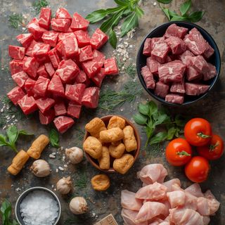 Chopped (from beef, veal, pork, chicken), fried (without added fat and salt)