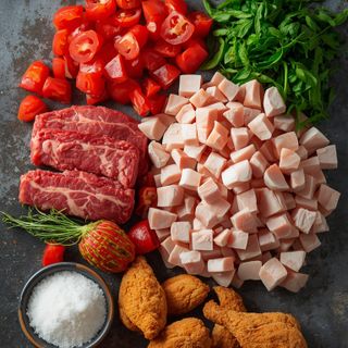 Gehacktes (aus Rind, Kalb, Schwein, Huhn), gebraten (ohne Zusatz von Fett und Salz)