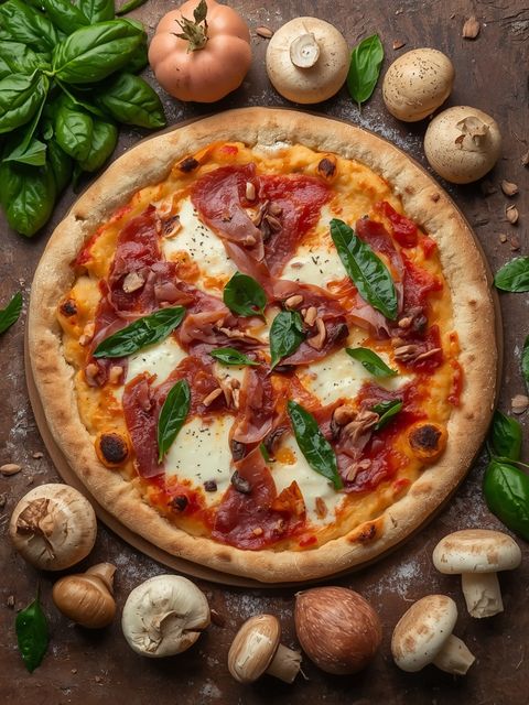 Pizza prosciutto e funghi, baked