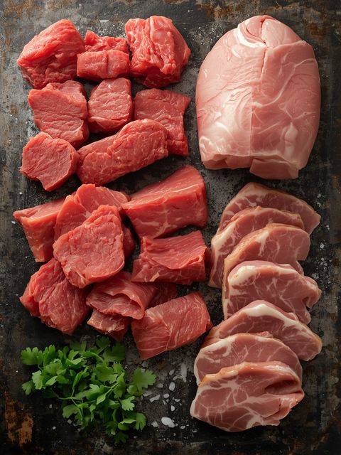 Geschnetzeltes (aus Rind, Kalb, Schwein, Geflügel), gebraten (ohne Zusatz von Fett und Salz)