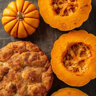 Pumpkin slices, breaded, prepared