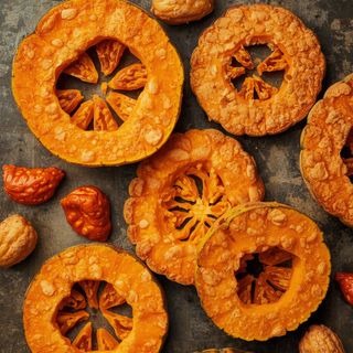 Pumpkin slices, breaded, prepared