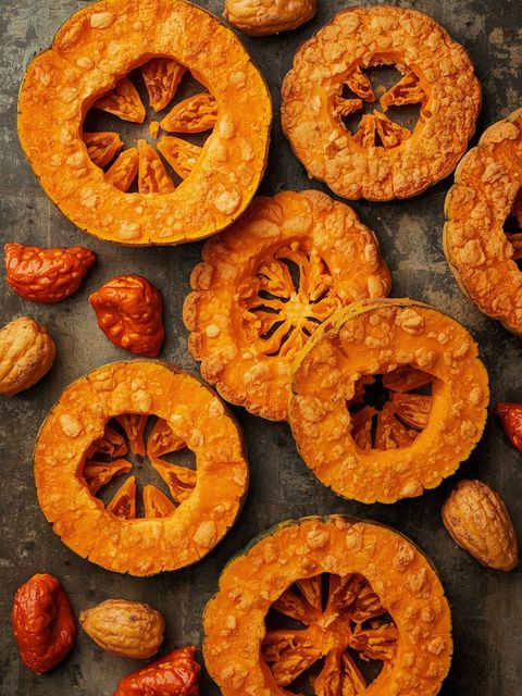 Pumpkin slices, breaded, prepared