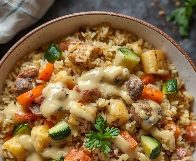 Delicious meatless rice dish with vegetables and creamy sauce