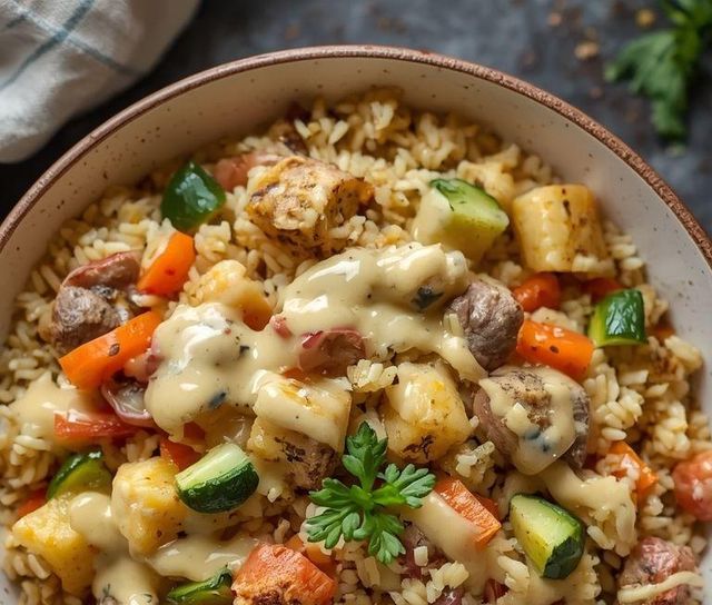 Delicious meatless rice dish with vegetables and creamy sauce