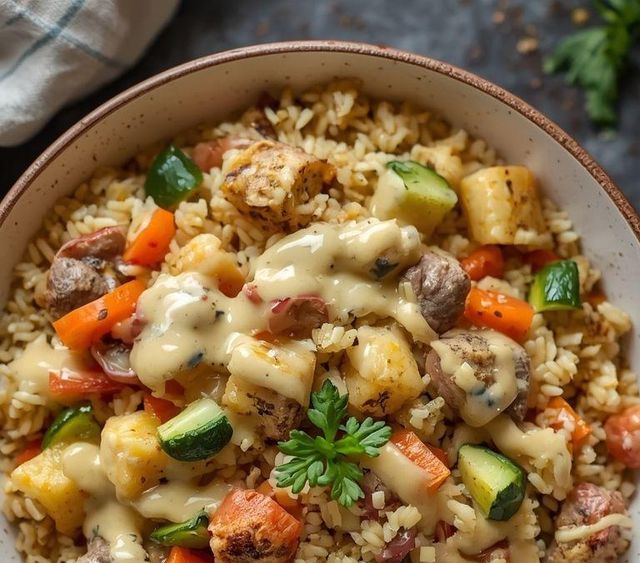 Leckeres fleischloses Reisgericht mit Gemüse und cremiger Sauce