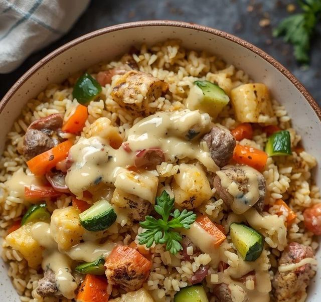 Delicious meatless rice dish with vegetables and creamy sauce