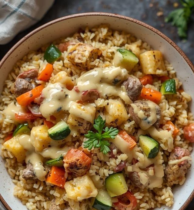 Delicious meatless rice dish with vegetables and creamy sauce