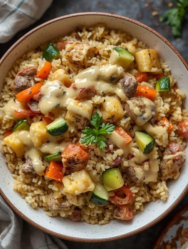 Delicious meatless rice dish with vegetables and creamy sauce