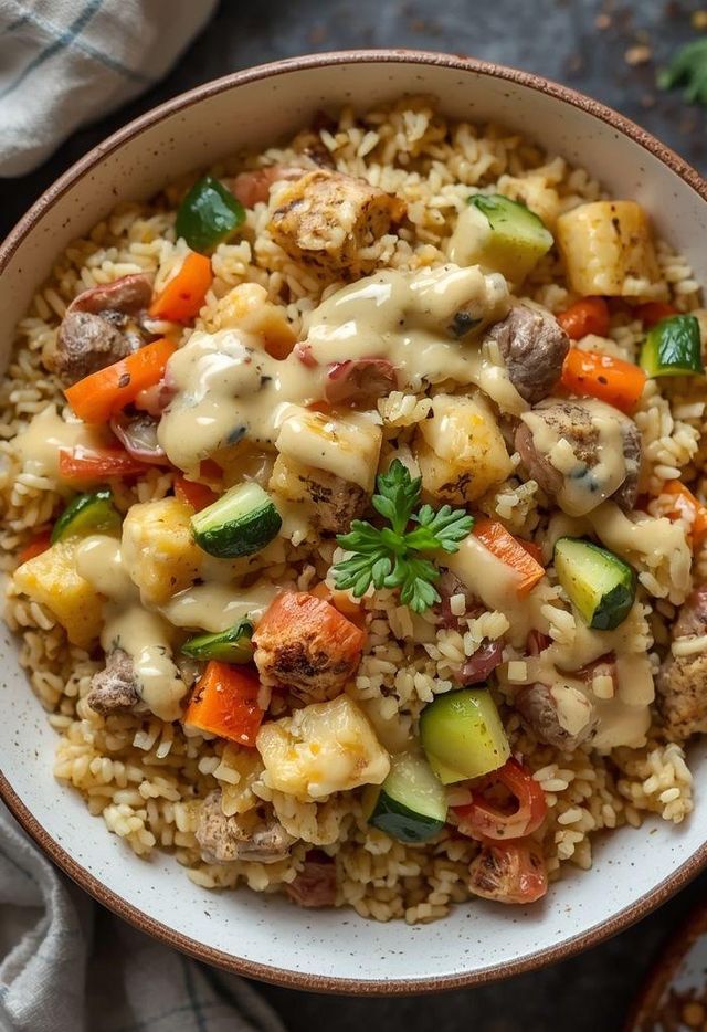 Delicious meatless rice dish with vegetables and creamy sauce