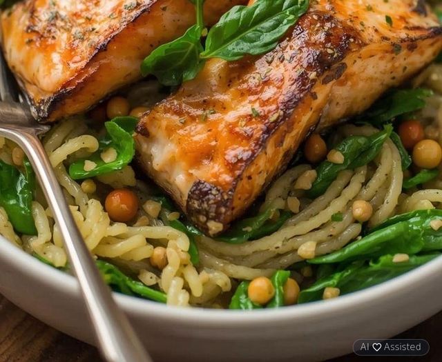 Reisnudeln mit Lachs und Spinat