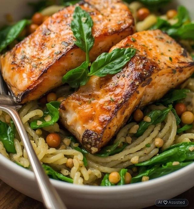 Reisnudeln mit Lachs und Spinat