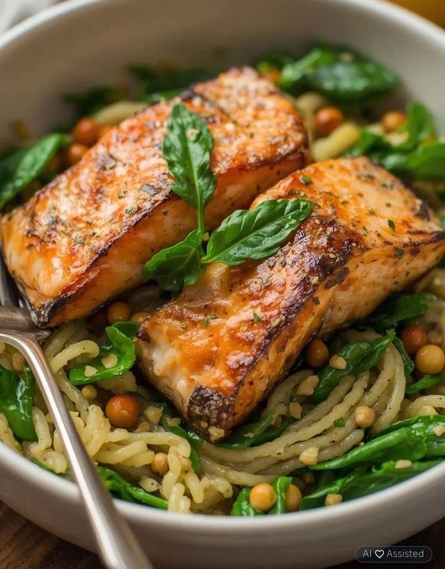 Reisnudeln mit Lachs und Spinat