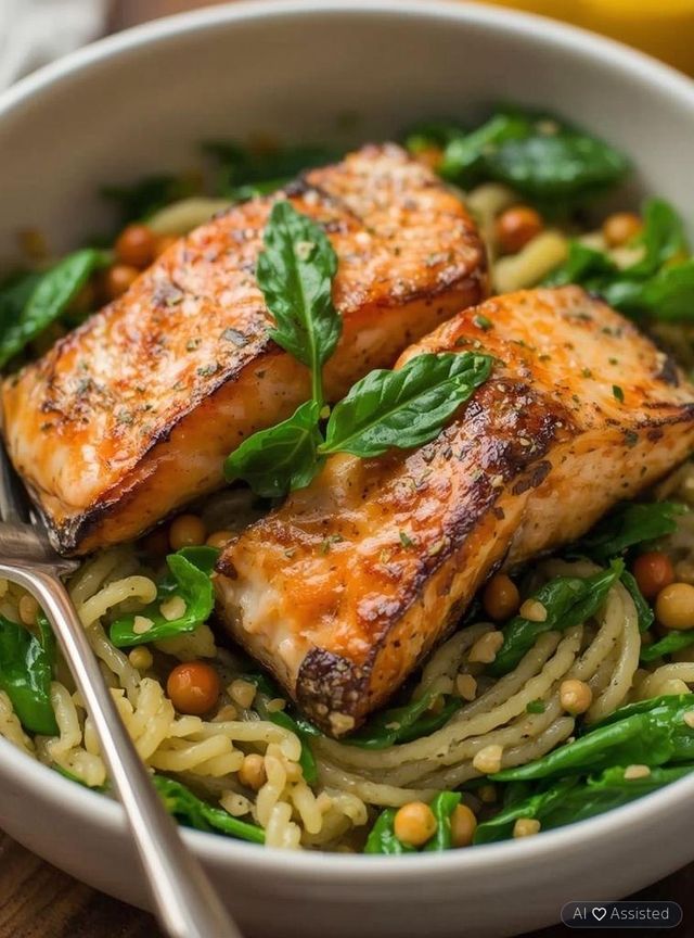 Reisnudeln mit Lachs und Spinat