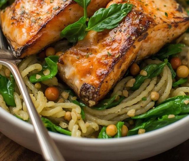Reisnudeln mit Lachs und Spinat