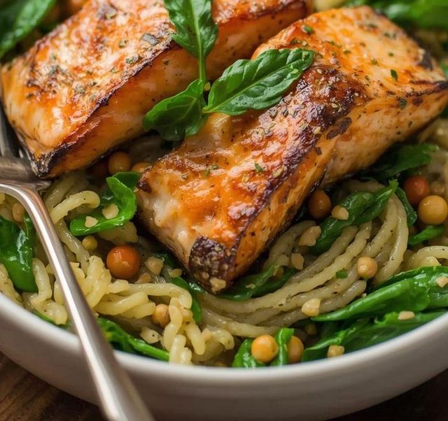 Reisnudeln mit Lachs und Spinat