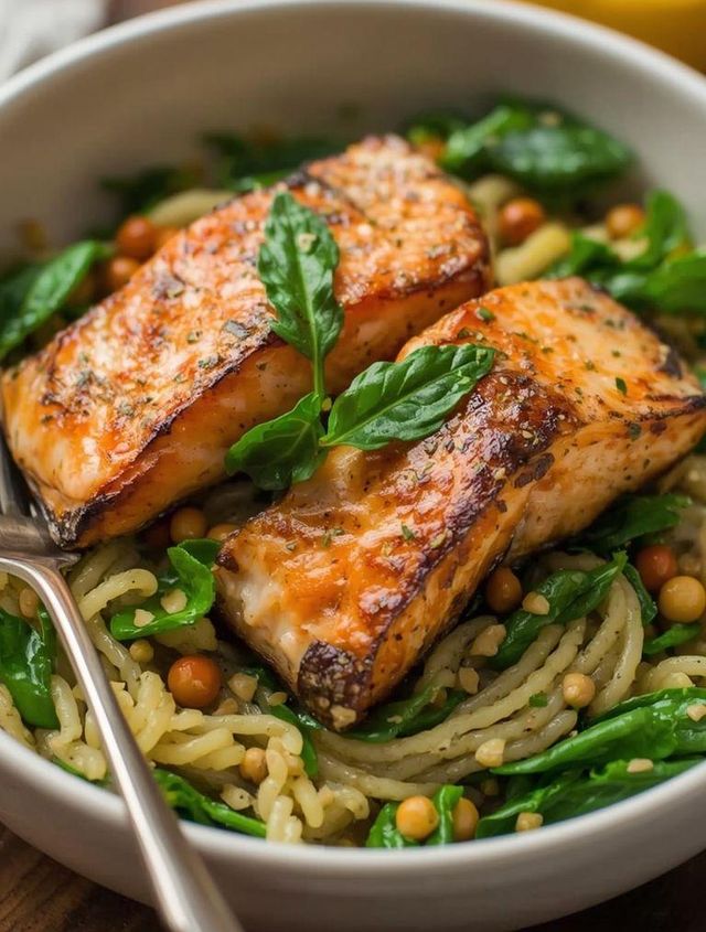 Rice Pasta with Salmon and Spinach