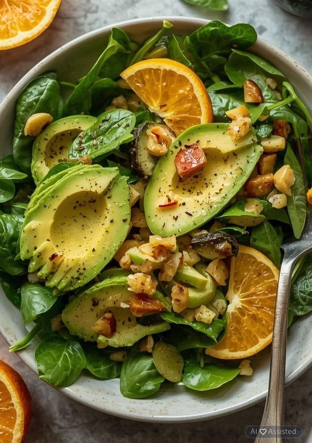 Salat mit Avocado, Spinat und Orange (glutenfrei)